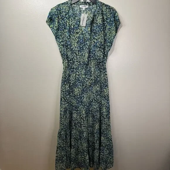 NWT Steve Madden Leigh Midi Dress Blue Yellow V-Neck Floral Dress Women’s Small - Picture 2 of 7